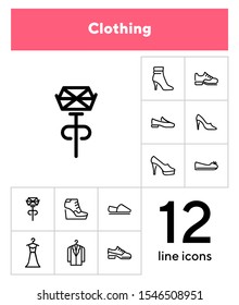 Clothing line icon set. Set of line icons on white background. Shoes, dress, high heels. Festive evening concept. Vector illustration can be used for topics like evening, celebration, black tie