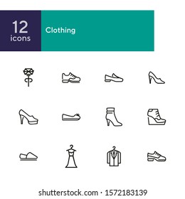 Clothing line icon set. Set of line icons on white background. Shoes, dress, high heels. Festive evening concept. Vector illustration can be used for topics like evening, celebration, black tie