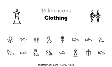 Clothing line icon set. Set of line icons on white background. Shoes, dress, high heels. Festive evening concept. Vector illustration can be used for topics like evening, celebration, black tie