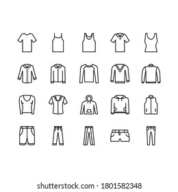 Juego de iconos de la línea de ropa. Ilustración vectorial incluida Icono como camiseta, camisa, suéter, sudadera, pantalones cortos, pantalones. Pictograma plano para aplicación de moda. Stroke editable.