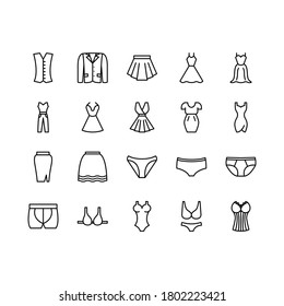Clothing line icon set. Vector Illustration Included Icon as jacket, jacket, dress, skirt, underwear. Flat Pictogram for fashion application. Editable Stroke.