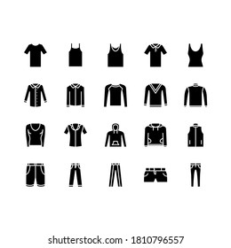 Clothing line icon set. Vector Illustration Included Icon as t-shirt, undershirt, shirt, sweater, sweatshirt, shorts, pants. Flat Pictogram for fashion application.