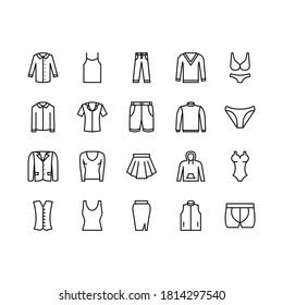 Clothing line icon set. Vector Illustration Included Icon as shirt, undershirt, sweater, pants, skirt, underwear. Flat Pictogram for fashion application. Editable Stroke.