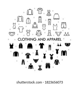 Clothing line icon set. Vector Illustration Included Icon as shirt, t-shirt, sweater, pants, shorts, skirt, dress, underwear. Flat Pictogram for fashion application.
