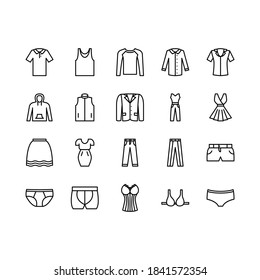 Clothing line icon set. Vector Illustration Included Icon as shirt, undershirt, sweater, pants, dress, underwear. Flat Pictogram for fashion application. Editable Stroke.