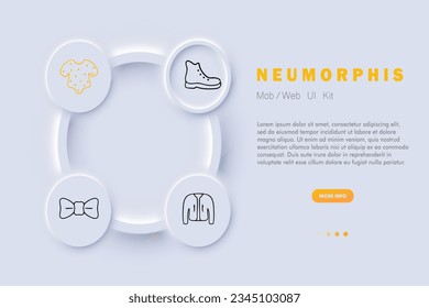 Clothing line icon. Shoes, boots, sneakers, overalls, jacket, windbreaker, butterfly, accessory. Neomorphism style. Vector line icon for Business