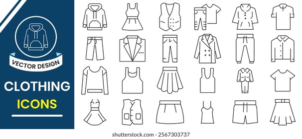 Clothing line icons set. Fashion icon, vector set with outline. Dress, Fashion, beauty, clothes and shoe icon set. T-shirt, Pants, Jacket, Short, Shoe Fashion icon Editable stroke. Vector illustration