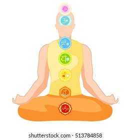 clothing man sitting in lotus position meditating with chakra. vector illustration