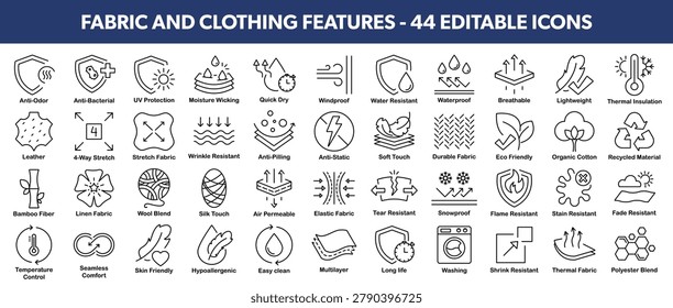 Clothing and Material features and information - vector editable line icons. 