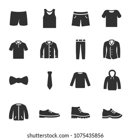 Clothing for men, monochrome icons set. various clothes, simple symbols collection