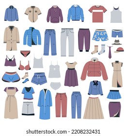 Clothing for men and women, isolated pants and trousers. Jackets and blouses, dresses and shirts, socks and underwear. Accessories and headwear, caps and hats, and robes. Vector in flat style