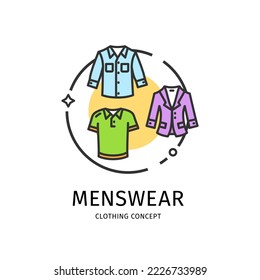 Clothing Menswear Thin Line Icon Concept Include of Tshirt and Jacket or Classic Blazer. Vector illustration