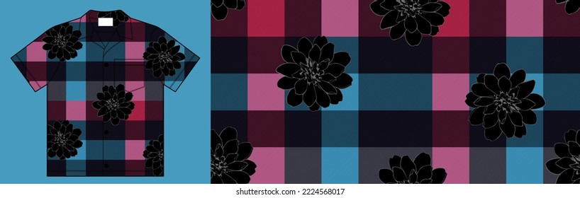 clothing mockup, fabric texture, hawaii flower and check plaid seamless pattern design, fashion artwork for print, fabric, textile, Shirt, clothes,  scarf, shawl, carpet, bag and other things