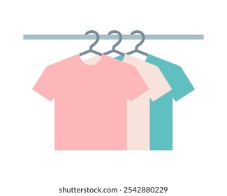 Clothing on clothing rack, discount flat T-shirts clothes.Fashion retail offer,wear on hanging. Supermarket markdown,thrifty purchase in store.Isolated. Vector illustration.