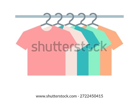 Clothing on clothing rack, discount flat T-shirts clothes. Fashion retail offer,wear on hanging. Supermarket markdown,thrifty purchase in store. Isolated. Vector illustration.