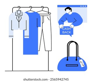 Clothing on a rack includes a shirt, dress and pants. Man displays cashback offer on a computer screen. Handbag with tag. Ideal for fashion, online shopping, e-commerce, cashback offers, and retail