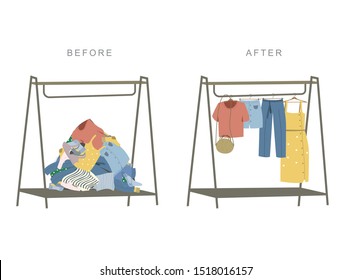 Clothing organization or storage. Before and after concept. Inner space of rail or wardrobe. Vector illustration of woman clothes.
