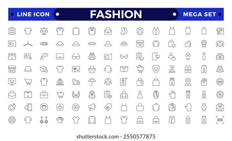 Clothing Outline icon set. Dress, polo t-shirt, jeans, winter coat, jacket pants, skirt minimal vector illustrations. Simple outline signs for fashion application. Fashion, sewing, clothing. 
