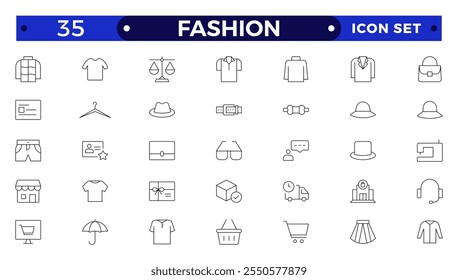 Clothing Outline icon set. Dress, polo t-shirt, jeans, winter coat, jacket pants, skirt minimal vector illustrations. Simple outline signs for fashion application. Fashion, sewing, clothing. 
