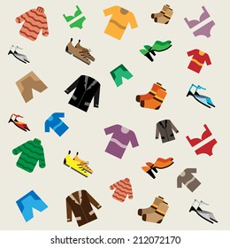 Clothing pattern, clothes icons set, shopping elements, colorful vector background