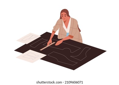 Clothing patternmaker at work, making drafts on paper and fabric. Apparel shaper drawing on textile. Woman worker of fashion garment industry. Flat vector illustration isolated on white background