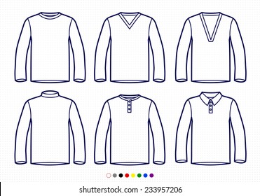 Clothing Pictograms, One Color Outline, Longsleeve Collection Regular, V Neck, High Collar, Buttoned, Polo