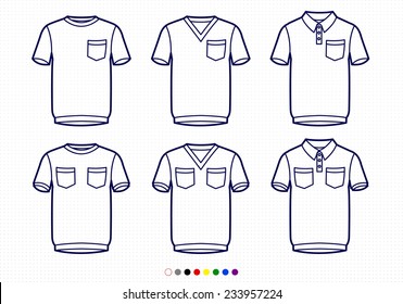 Clothing Pictograms, One Color Outline, T-Shirts With Pockets, Regular, V Neck, Polo