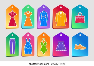 Clothing Pictograms. Two rows of varicolored stickers in form of price tickets with various pictograms of female clothes on the each of them. Vector graphics on the theme of Fashion and Lifestyle.