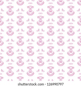 Clothing pink sketching background  Vector illustration for your fashion design  Seamless Endless pattern and dress  shoes   crown  For princesses  Easy to use 