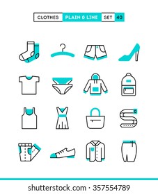 Clothing. Plain and line icons set, flat design, vector illustration