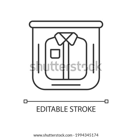 Clothing in plastic bag linear icon. Clear compress wrap for garment packing. Things for tourist. Thin line customizable illustration. Contour symbol. Vector isolated outline drawing. Editable stroke