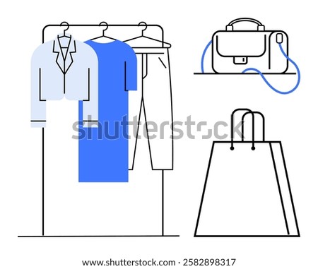 Clothing rack with a blazer, dress, and pants, accompanied by a handbag and shopping bag. Ideal for fashion retail, shopping, boutiques, e-commerce, marketing, lifestyle blogs, and wardrobe