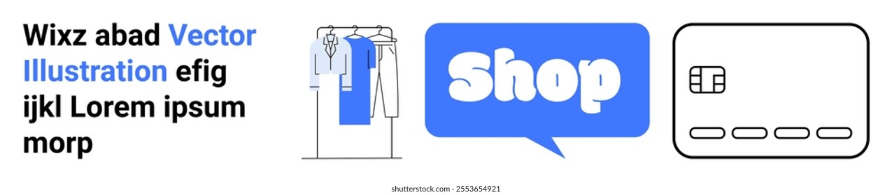 Clothing rack with blue items, speech bubble with text and a credit card symbol. Ideal for e-commerce, online shopping, fashion, retail, and digital payments. Landing page