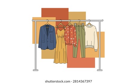 Clothing rack displays a selection of professional and casual attire including a blazer, dress, patterned shirt, and slacks.