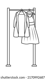 Clothing rack with dresses on hangers semi flat color vector object. Boutique clothing. Full sized item on white. Simple cartoon style illustration for web graphic design and animation