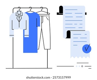 Clothing rack with garments beside a checklist. Ideal for fashion planning, wardrobe organization, retail management, online shopping, seasonal outfit coordination. Modern vector style