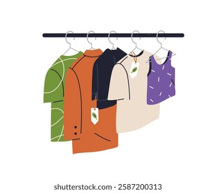 Clothing rack with garments on hangers. Display of sustainable eco-friendly slow fashion, apparel hanging for sale on retail shop, store. Flat vector illustration isolated on white background