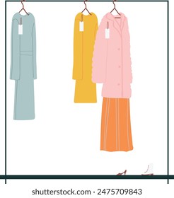 Perchero de ropa vestidos pastel abrigos zapatos ilustración de moda. Ropa para mujer colgando etiquetas de Precio diseñador gráfico de armario. Prendas de vestir elegantes ropa formal aislada fondo blanco