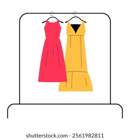 Clothing Rack With Pink And Yellow Dresses In Flat Vector Illustration Symbolizing Fashion, Retail, And Apparel Display, Isolated On White Background