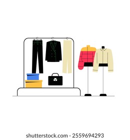 Clothing Rack With Suits And Shirts In Flat Vector Illustration Symbolizing Men Fashion And Retail Display, Isolated On White Background