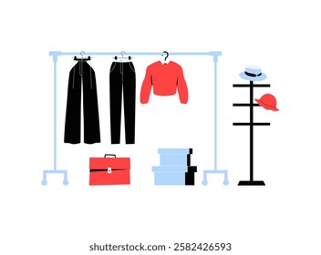 Clothing Rack With Trousers, Red Sweater, Hats, And Accessories In Flat Vector Illustration Symbolizing Fashion, Wardrobe Organization, And Shopping, Isolated On White Background