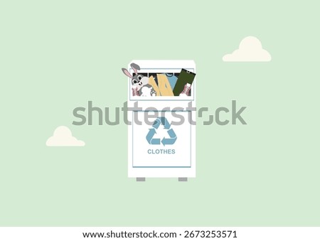 Clothing Recycling Bin with Textile Items Collection. clothing recycling container. Reuse clothes. Recyle and sustainable fashion. Clothing donation. Textile waste. Flat style. Vector illustration
