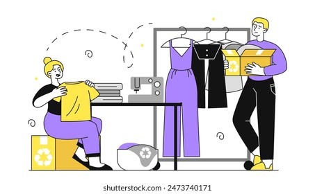 Concepto de reciclaje de ropa. Hombre y mujer con ropa hecha de materiales ecológicos. Cuidar la naturaleza y la ecología, reducir la emisión de residuos nocivos. Ilustración vectorial lineal plana