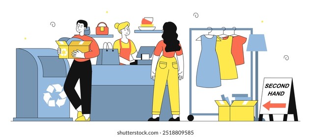 Tienda de reciclaje de ropa. Hombre y mujer compran cosas de moda en la tienda de segunda mano. Cuidar la naturaleza y el medio ambiente. Comprar ropa hecha de materiales reciclados. Ilustración vectorial lineal