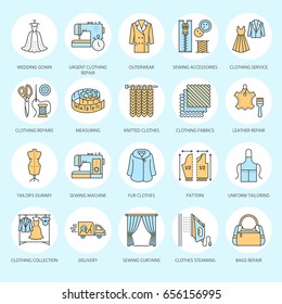 Clothing repair, alterations flat line icons set. Tailor store services - dressmaking, clothes steaming, curtains sewing. 