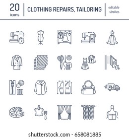 Clothing repair, alterations flat line icons set. Tailor store services - dressmaking, clothes steaming, curtains sewing. Linear signs logos for atelier.