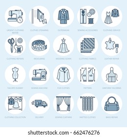 Clothing repair, alterations flat line icons set. Tailor store services - dressmaking, clothes steaming, curtains sewing. Linear colored signs set for atelier.