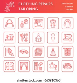 Clothing repair, alterations flat line icons set. Tailor store services - dressmaking, clothes steaming, curtains sewing. Linear signs set, logos for atelier.
