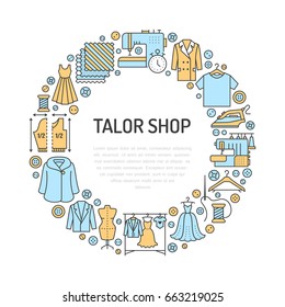 Clothing repair, alterations studio equipment banner illustration. Vector line icon of tailor store services - dressmaking, suit, garment sewing. Clothes atelier circle template with place for text.