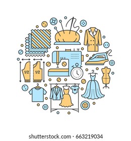 Clothing repair, alterations studio equipment banner illustration. Vector line icon of tailor store services - dressmaking, clothes steaming, suit dress, garment sewing. Atelier circle template.